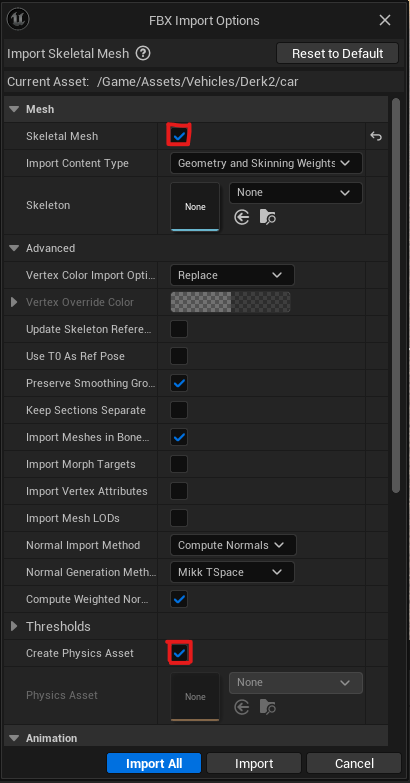 Importing FBX in UE5: Enable Skeletal Mesh and Create Physics Asset